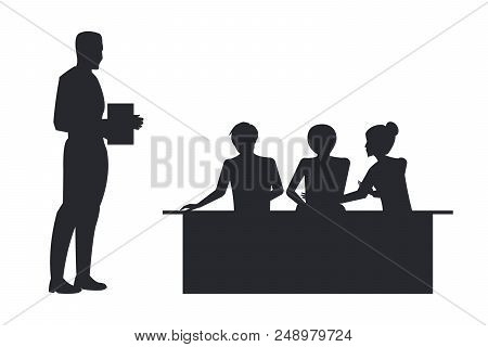 Businessman With Book Side View And People Sitting At Desk, Listening To Him On Conference, Vector I