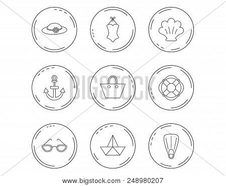 Paper Boat, Shell And Swimsuit Icons. Lifebuoy, Glases And Women Hat Linear Signs. Anchor, Ladies Ha