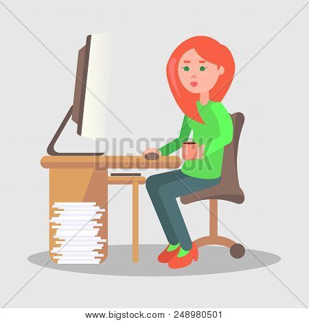 Cartoon Female Character Sits At Table With Computer, Stock Of Papers On The Floor Nearby. Vector Il
