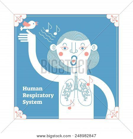 Stylized Human Respiratory System, Framed Modern Anatomical Vector Illustration, Conceptual Decorati
