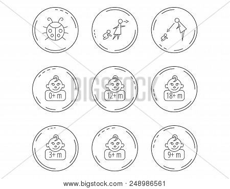 Infant Child, Ladybug And Toddler Baby Icons. 0-18 Months Child Linear Signs. Unattended, Parents Su