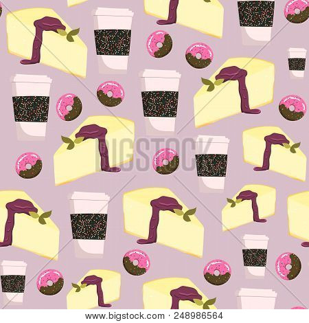 Seamless Pattern With Cheesecake, Coffee Cups And Donuts. Stock Vector