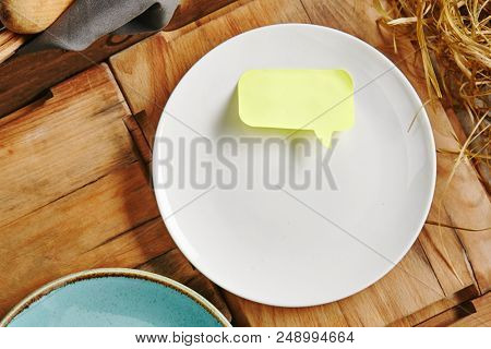 Wooden Table with Empty Dishes as Food Photography Template. Set of Round White and Blue Blank Plates for Restaurant Menu Mockup. Crockery Tableware Top View and Flat Lay