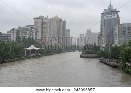 Chengdu, Sichuan Province, China - July 11, 2018 : Jinjiang River In Flood After Heavy Rain In Sichu