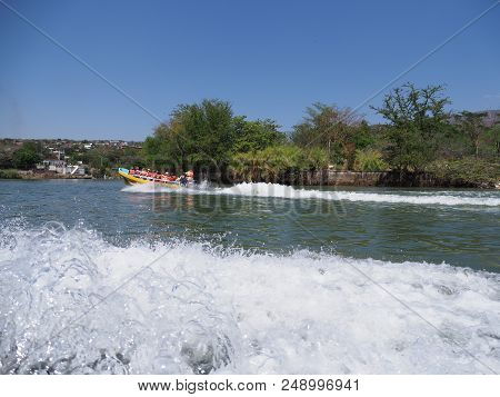 Tuxtla, Mexico North America On February 2018: Yellow Motor Boat And Group Of Tourists, Grijalva Riv