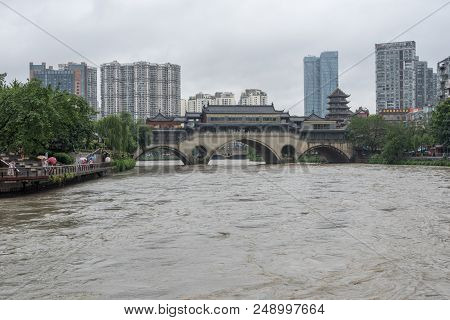 Chengdu, Sichuan Province, China - July 11, 2018 : Jiuyan Bridge And Jinjiang River In Flood After H