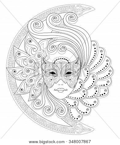 Fantasy Drawing Of Girl Face In Beautiful Venetian Carnival Mask. Black And White Page For Coloring 