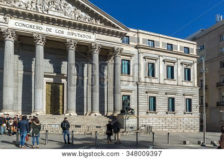 Madrid, Spain - January 22, 2018: Building Of Congress Of Deputies (congreso De Los Diputados) In Ci