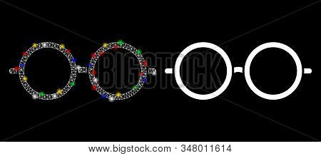 Flare Mesh Spectacles Icon With Lightspot Effect. Abstract Illuminated Model Of Spectacles. Shiny Wi