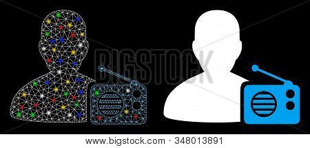 Glossy Mesh Radio Dictor Icon With Sparkle Effect. Abstract Illuminated Model Of Radio Dictor. Shiny