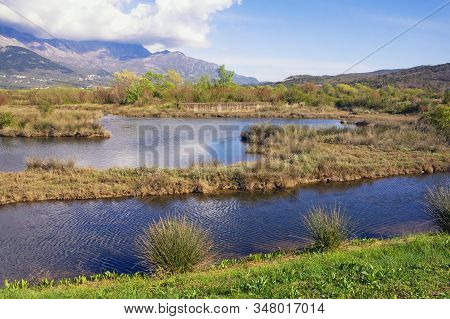 Beautiful Wetland Landscape. Montenegro, Tivat. View Of Tivat Salina  ( Tivatska Solila )