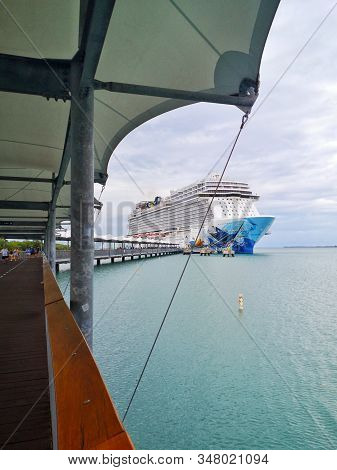 Harvest Caye, Belize - December 3, 2019: Cruise Ship Staying At Harvest Caye Belize Private Island P