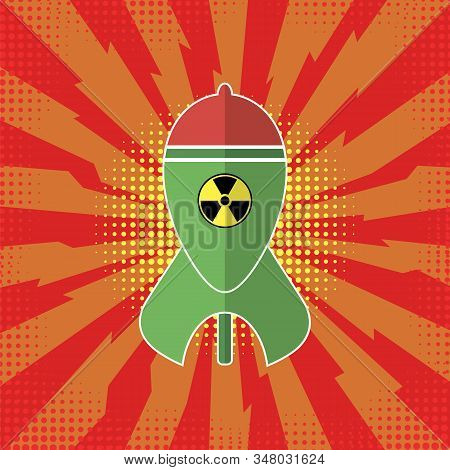 Green Atomic Bomb With Radiation Sign On Red Background. Nuclear Rocket. Weapon Icon. Explode Flash,