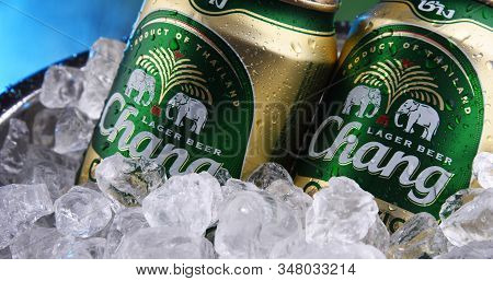 Two Cans Of Chang Beer In Bucket With Crushed Ice