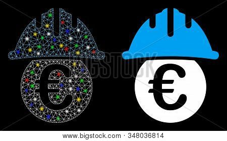 Flare Mesh Euro Under Safety Helmet Icon With Glare Effect. Abstract Illuminated Model Of Euro Under