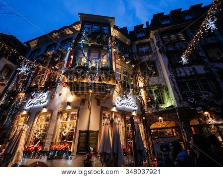 Strasbourg, France - Dec 24, 2018: Low Wide Anlge View Of Le Gruber Restaurant On The Iconic Pedestr