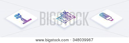 Set Isometric Line High Voltage Power Pole Line, Diesel Power Generator And Led Light Bulb. White Sq