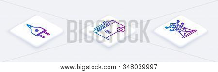 Set Isometric Line Electric Plug, Portable Power Electric Generator And High Voltage Power Pole Line
