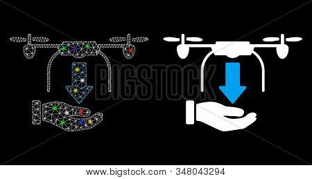 Glowing Mesh Unload Drone Hand Icon With Glow Effect. Abstract Illuminated Model Of Unload Drone Han
