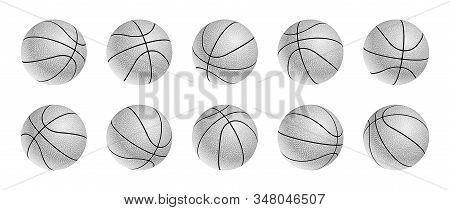 Set Of Blak And White Basketball Balls Icons With Leather Texture In Different Positions