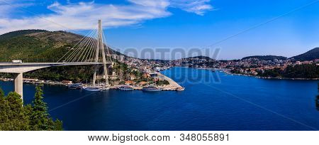 Dubrovnik, Croatia - July 8, 2019: The Franjo Tudjman Bridge And Blue Lagoon With Harbor Of Dubrovni