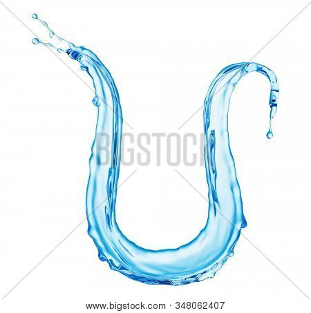 Clean Blue Water Splash Shaped in Form of Letter U Isolted on White Background. Drinking Water Advertising Design Template. 3D Illustration.