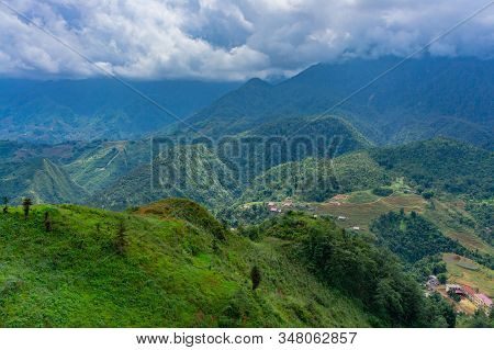 Cenery Of Cat Cat Village, Popular Tourist Trekking Destination. Rice Field Terraces.  Mountain View