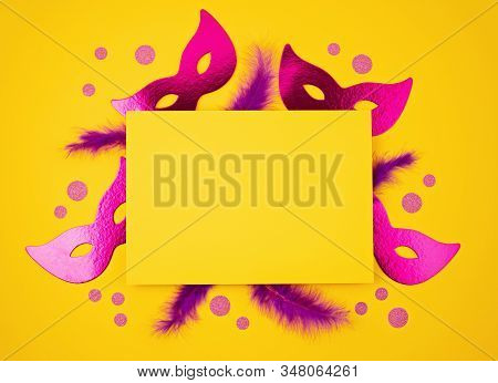 Festive, Colorful Mardi Gras Or Carnivale Mask And Accessories Over Yellow Background. Party Invitat