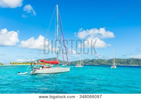 Turquoise Sea And Anchored Yachts Near Carriacou Island, Grenada, Caribbean Sea