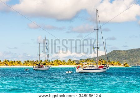 Turquoise Sea And Anchored Yachts At Sandy Beach Island, Near Carriacou Island, Grenada, Caribbean S