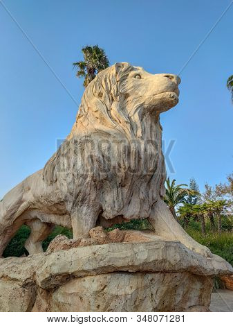 Lion Stone Statue Facing The Blue Sky