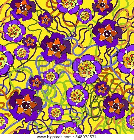 A Seamless Pattern Of Hand-drawn Flowers And Leaves. Multicolored Pattern In Doodle Style. Floral Pa