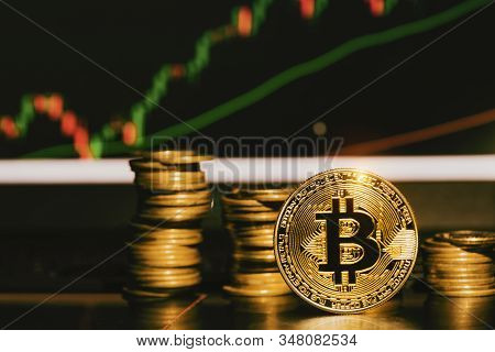 Financial Growth Concept With Golden Bitcoins Ladder On Stock Chart Background. Virtual Cryptocurren