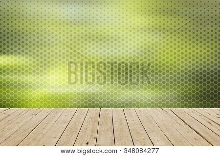 Background With Wooden Deck Table And Green Hexagon Box Wallpaper