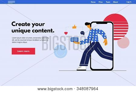 Online Social Marketing Influencer Concept - Web Page. Young Man Goes From Smartphone With Promo Mas