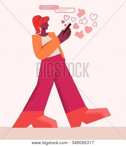 Girl Walking Looking Marketing Social Media Or Network Promotion On Smartphone