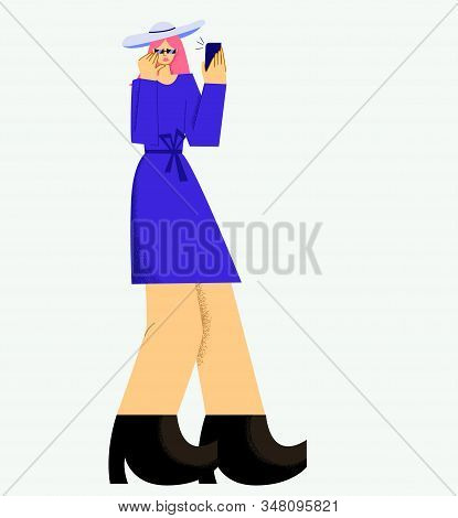 Vector Illustration Girl In Hat And Sunglasses Taking Selfie Using Smartphone Big Limbs Style