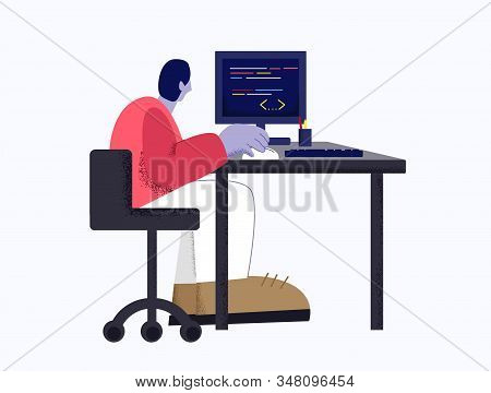 Modern Male Web Developer Working With Program Code Using Computer Isolated At White Background