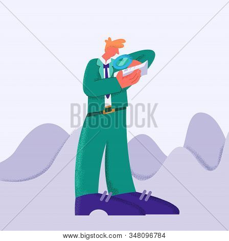 Business Man In Suit Looking On Analytics Paper Data Vector Flat Illustration In Big Limbs Style