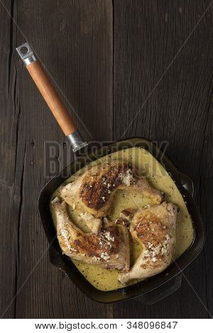 Fried Chicken Legs In A Pan, Rustic Style, Top View