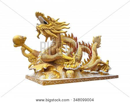 Golden Chinese Golden Dragon Statue On White Background