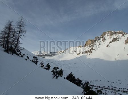 Winter Alpine Landscape For Skitouring In Stubaier Alps In Austria