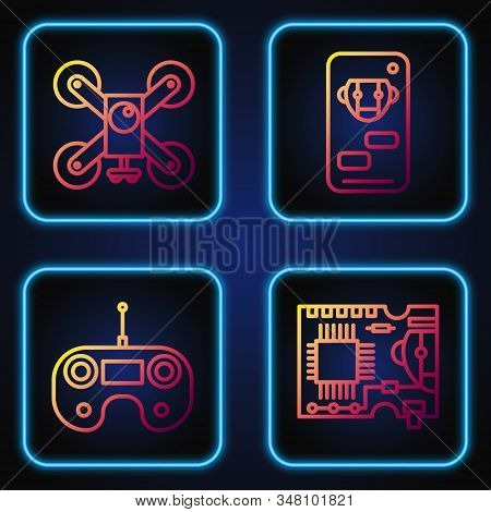 Set Line Printed Circuit Board Pcb, Remote Control, Drone Flying With Action Camera And Bot. Gradien