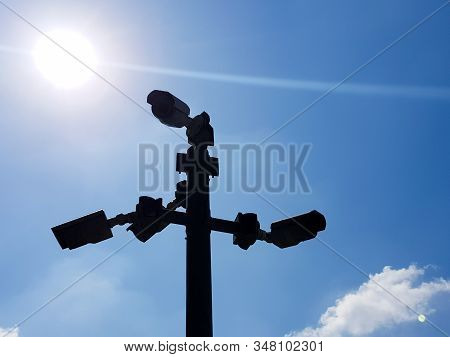 Silhouette Shot Security Surveillance Camera In Office Building Walk Way Business Finance Area.recor