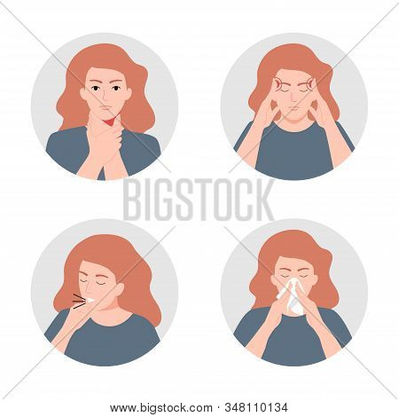 Symptoms Of Illness - Runny Nose, Headache, Cough, Sore Throat Vector Icons