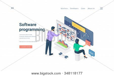 Male And Female Colleagues Programming Software. Isometric Vector Illustration