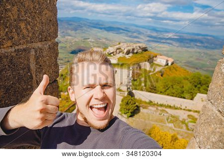 Selfie Photo Traveler Man Smiling Castello Di Lombardia In Enna Sicily, Italy