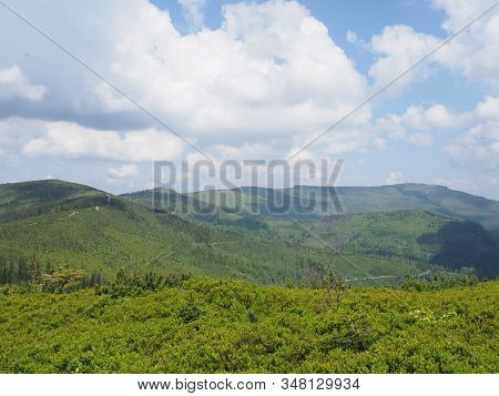 Marvelous Silesian Beskids Mountains Range Landscapes Near Salmopol Pass Above European City Of Szcz