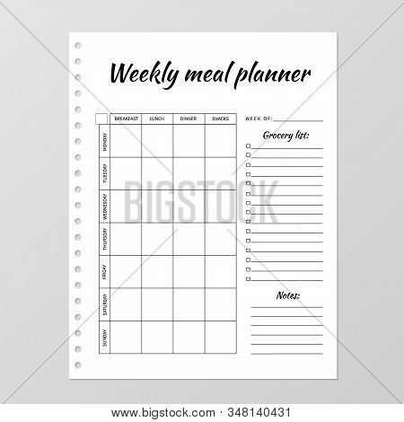 Weekly Meal Planner Template. Blank White Notebook Page Isolated On Grey. Food Diary Paper Sheet. St