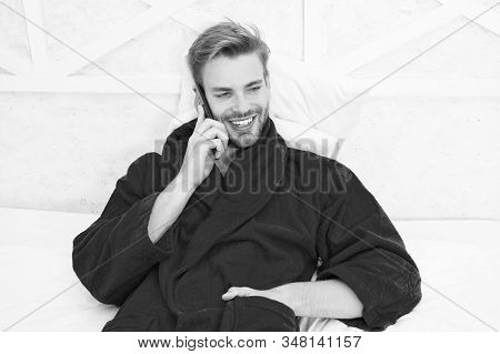 Good Morning. Hipster Guy Pajamas Bathrobe Freelance Worker Relaxing At Home. Remote Work Concept. G